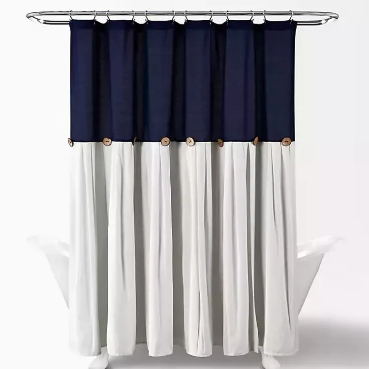 Kirklands Home Navy and White Button Accent Linen Shower Curtain Blue Clearance