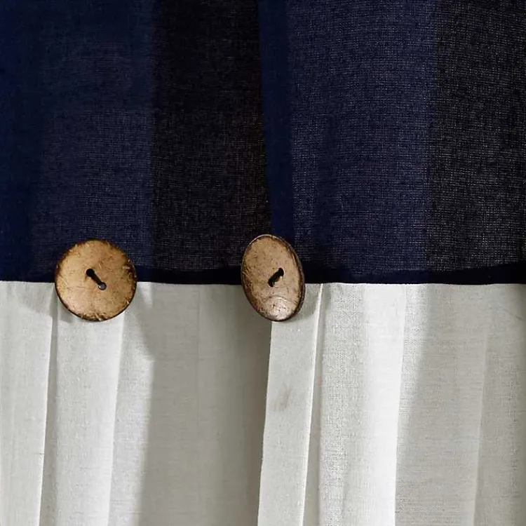 Kirklands Home Navy and White Button Accent Linen Shower Curtain Blue Clearance