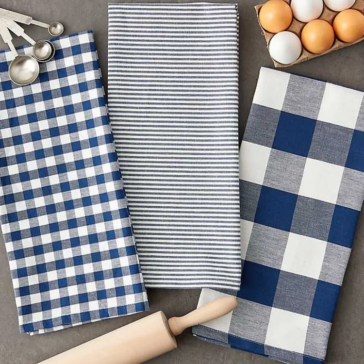 Kirklands Home Navy and White Mixed Check Towels, Set of 3 Blue Sale
