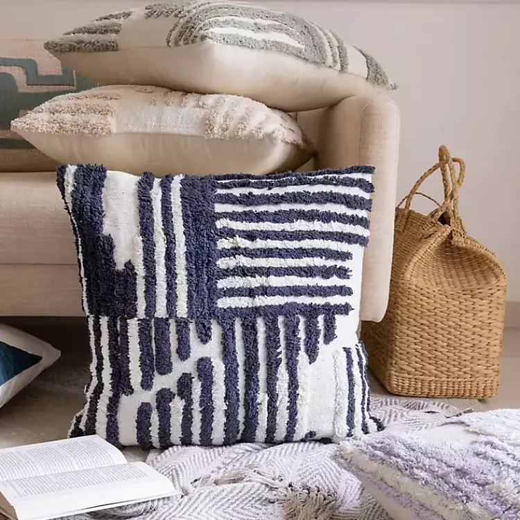 Pillows>Kirklands Home Navy Geometric Shag Throw Pillow Blue