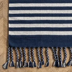Kirklands Home Navy Blue Striped Tassel Cotton Area Rug, 8x10 Online