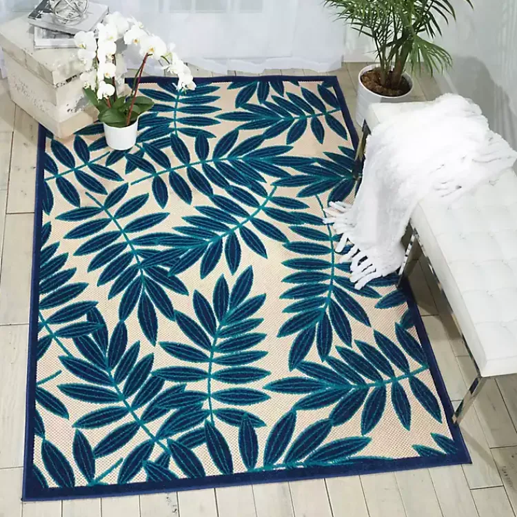 Kirklands Home Navy Botanical Leaves Outdoor Area Rug, 9x13 Online