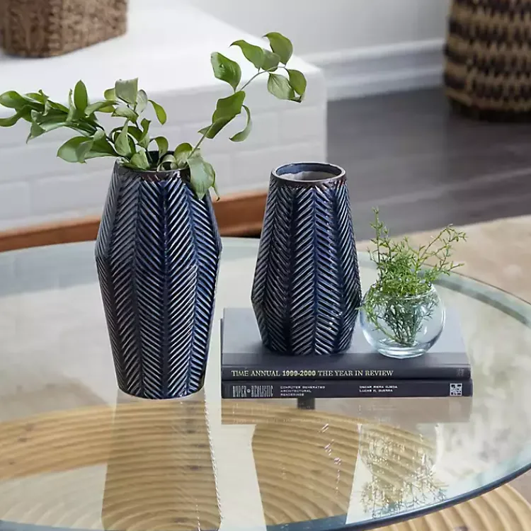 Vases>Kirklands Home Navy Carved Chevron Ceramic Vases, Set of 2 Blue