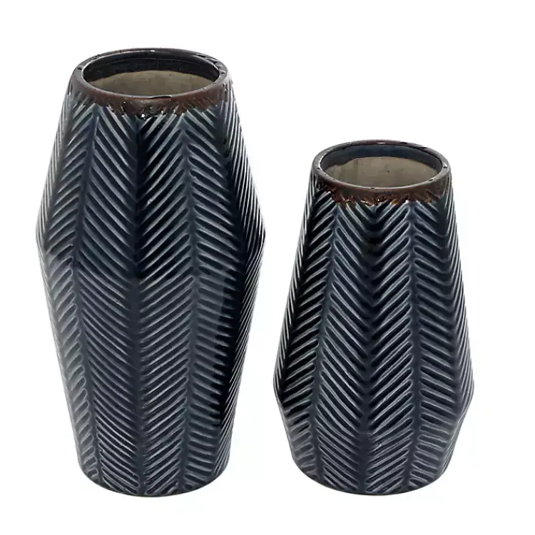 Vases>Kirklands Home Navy Carved Chevron Ceramic Vases, Set of 2 Blue