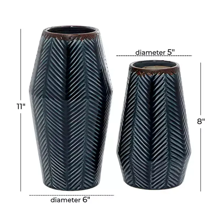 Vases>Kirklands Home Navy Carved Chevron Ceramic Vases, Set of 2 Blue