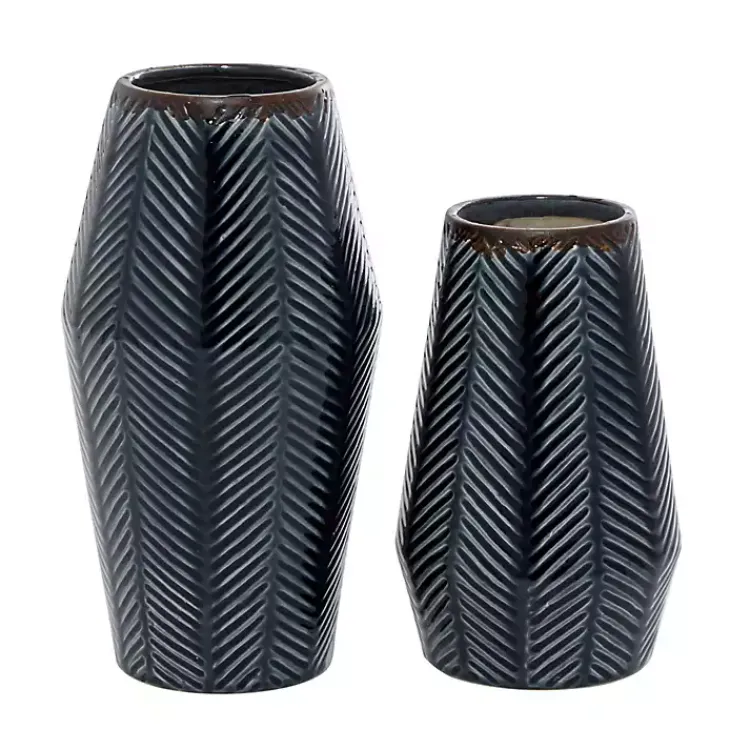 Vases>Kirklands Home Navy Carved Chevron Ceramic Vases, Set of 2 Blue