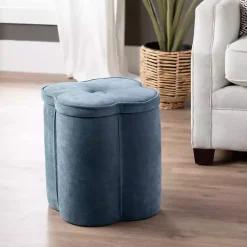 Kirklands Home Navy Chenille Flower Storage Ottoman Blue Discount
