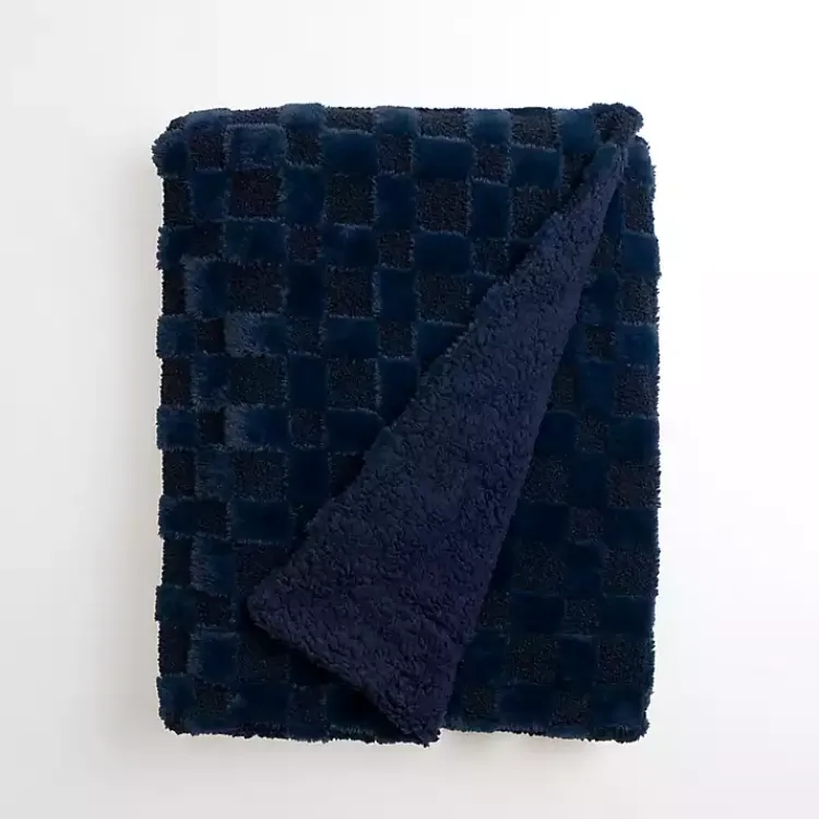 Blankets & Throws>Kirklands Home Navy Faux Fur and Boucle Checkerboard Throw Blue