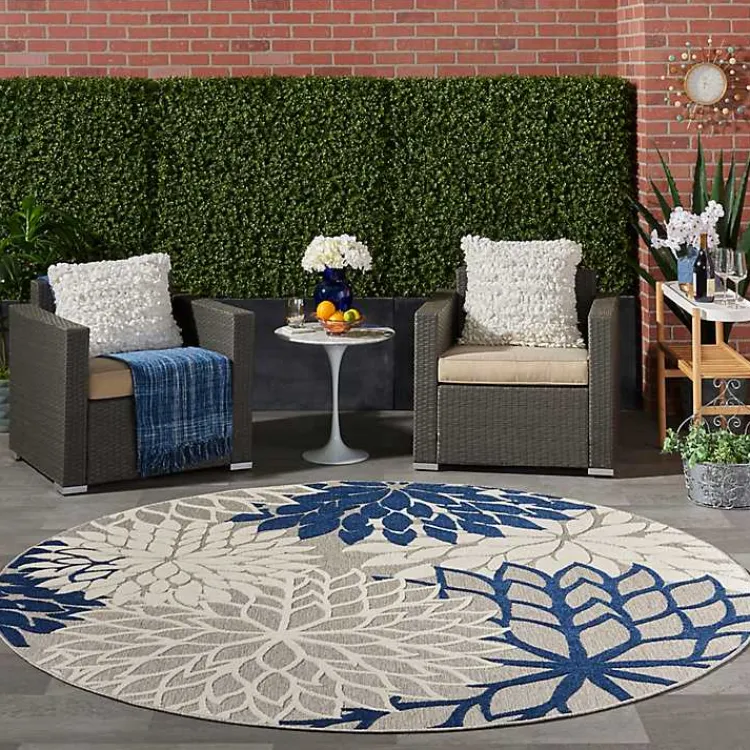 Kirklands Home Navy Floral Burst Round Outdoor Area Rug, 7x7 Online