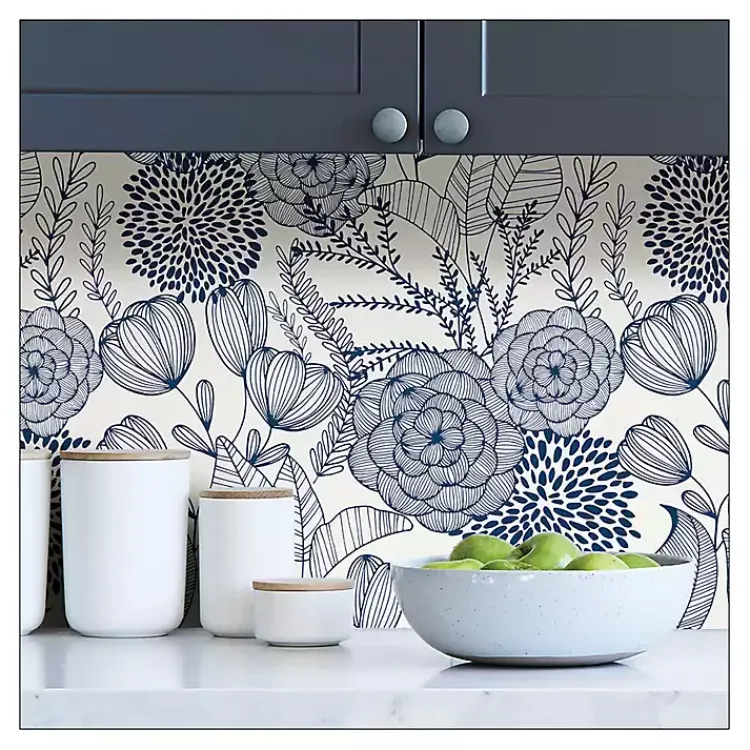 Kirklands Home Navy Floral Garden Peel & Stick Wallpaper Blue New