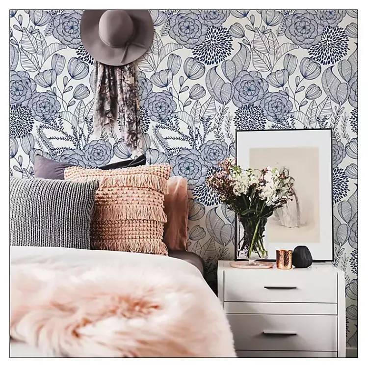 Kirklands Home Navy Floral Garden Peel & Stick Wallpaper Blue New