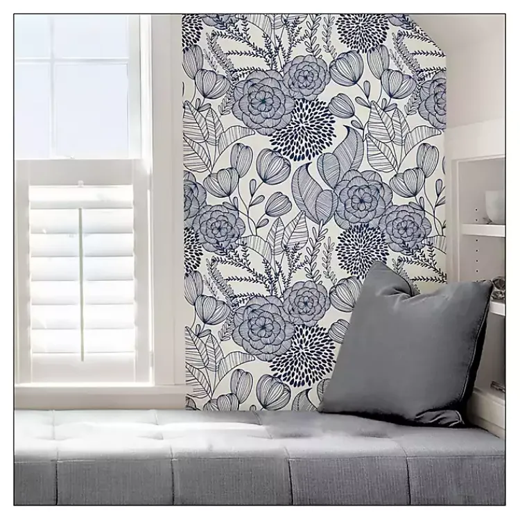 Kirklands Home Navy Floral Garden Peel & Stick Wallpaper Blue New