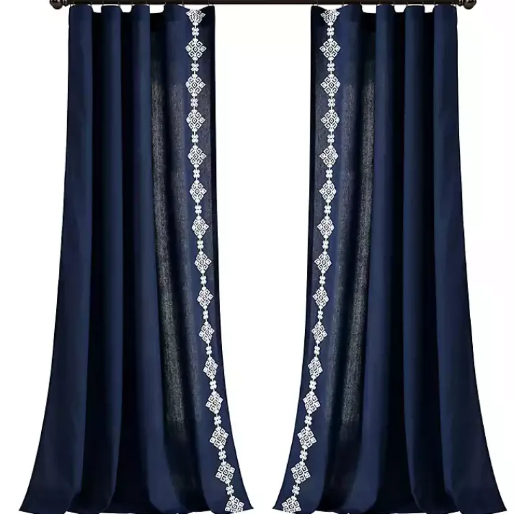Kirklands Home Navy Geometric Border Curtain Panel, 84 in. Blue