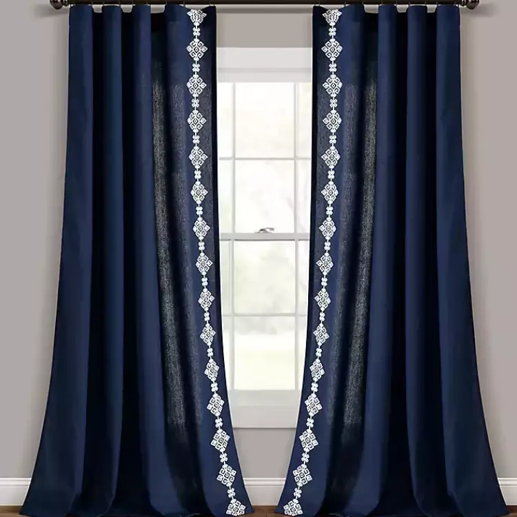 Kirklands Home Navy Geometric Border Curtain Panel, 84 in. Blue