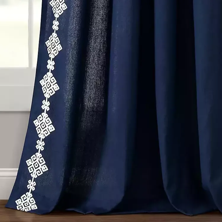Kirklands Home Navy Geometric Border Curtain Panel, 84 in. Blue