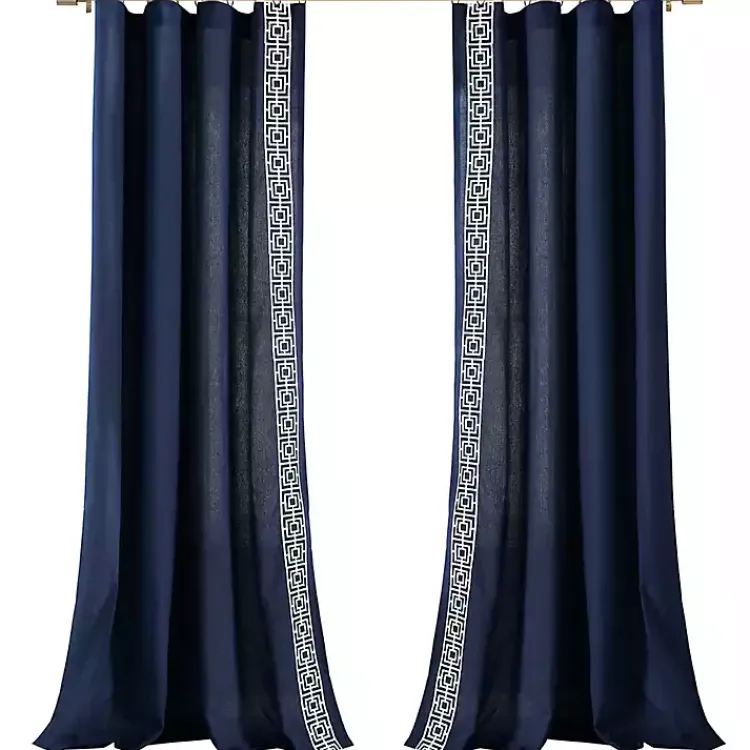 Kirklands Home Navy Modern Square Border Curtain Panel, 84 in. Blue New