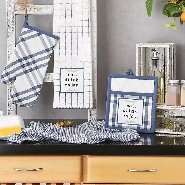 Kirklands Home Navy Plaid Eat Drink Enjoy 4-pc. Dish Towel Set Online