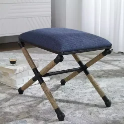 Kirklands Home Navy Seat and Black Metal Ottoman Blue New