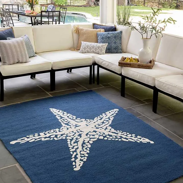 Kirklands Home Navy Starfish Hooked Indoor/Outdoor Area Rug, 5x8 Clearance