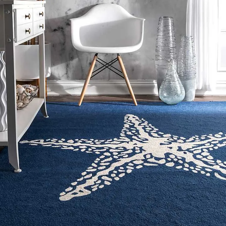 Kirklands Home Navy Starfish Hooked Indoor/Outdoor Area Rug, 7x9 Clearance