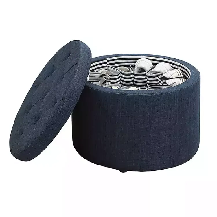 Kirklands Home Navy Upholstered Round Shoe Storage Ottoman Blue