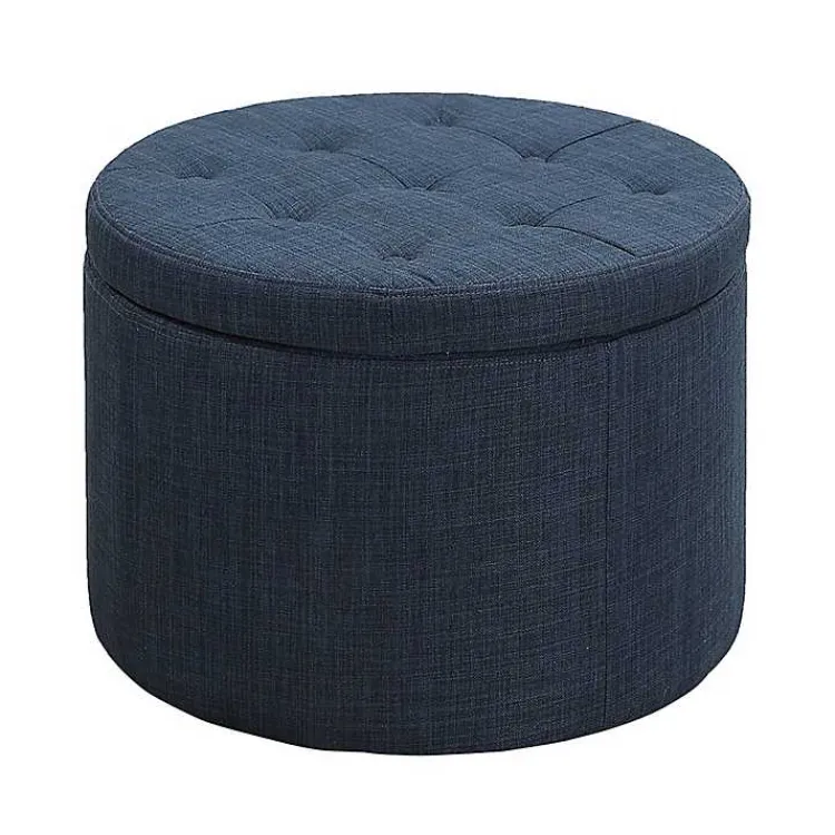 Kirklands Home Navy Upholstered Round Shoe Storage Ottoman Blue