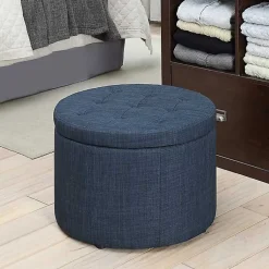 Kirklands Home Navy Upholstered Round Shoe Storage Ottoman Blue