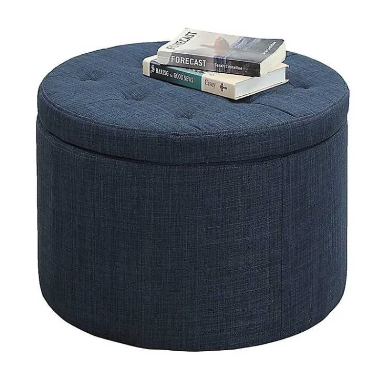 Kirklands Home Navy Upholstered Round Shoe Storage Ottoman Blue