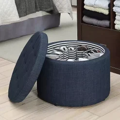 Kirklands Home Navy Upholstered Round Shoe Storage Ottoman Blue