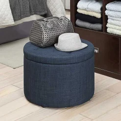 Kirklands Home Navy Upholstered Round Shoe Storage Ottoman Blue