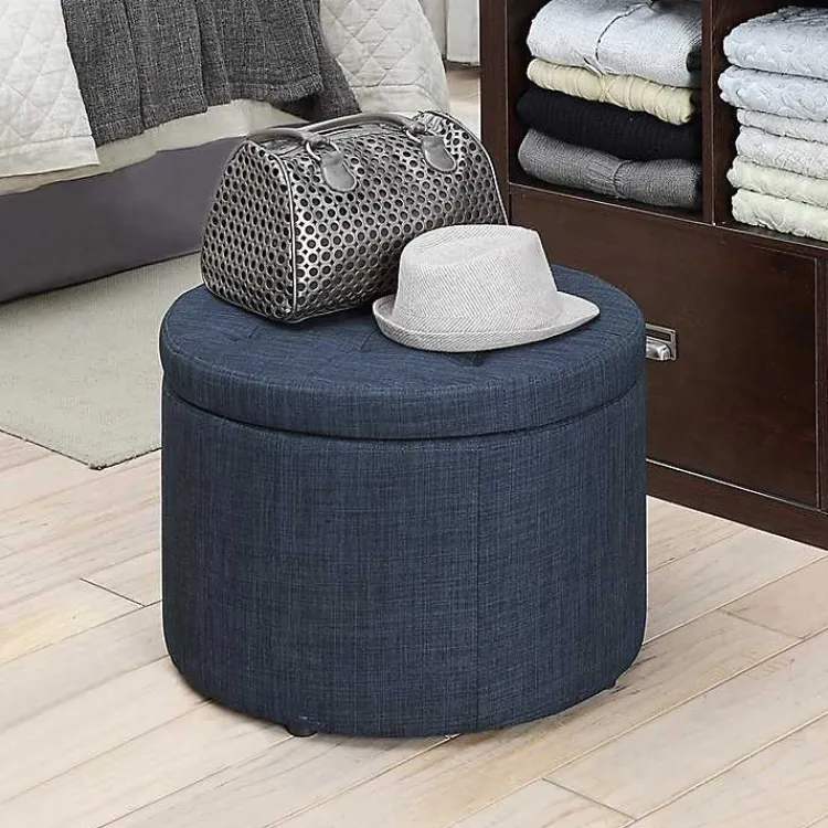 Kirklands Home Navy Upholstered Round Shoe Storage Ottoman Blue