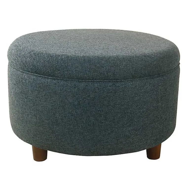 Kirklands Home Navy Upholstered Round Storage Ottoman Blue