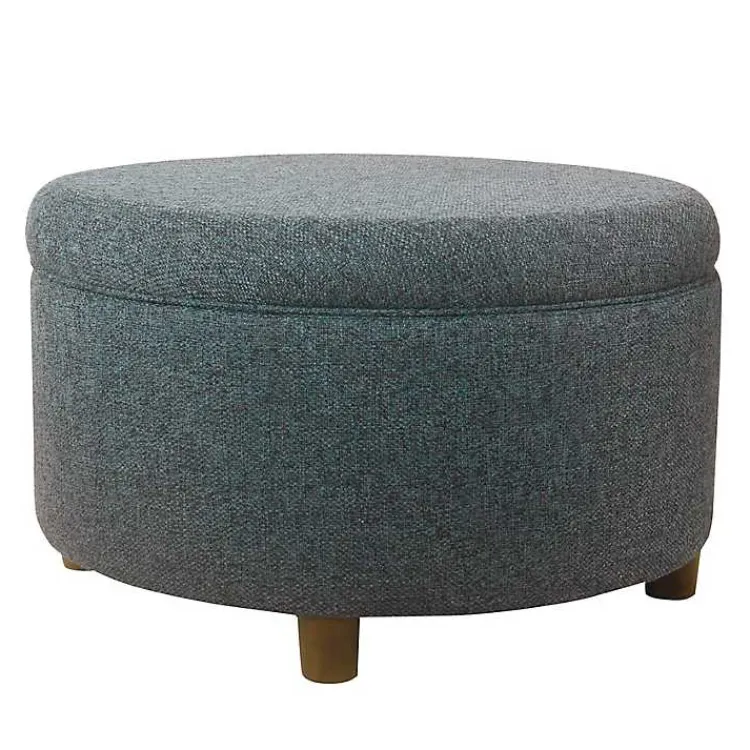 Kirklands Home Navy Upholstered Round Storage Ottoman Blue