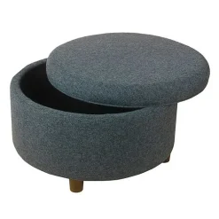 Kirklands Home Navy Upholstered Round Storage Ottoman Blue