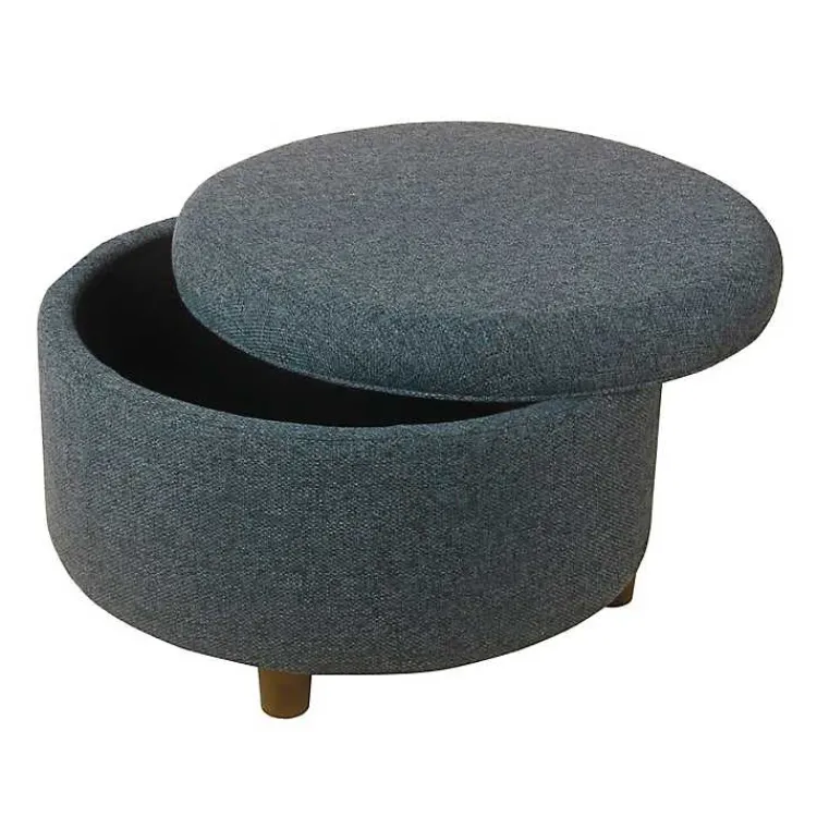 Kirklands Home Navy Upholstered Round Storage Ottoman Blue
