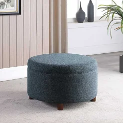 Kirklands Home Navy Upholstered Round Storage Ottoman Blue