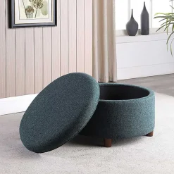 Kirklands Home Navy Upholstered Round Storage Ottoman Blue