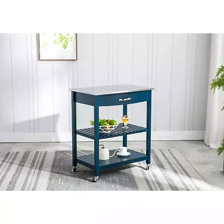 Kirklands Home Navy Wood and Stainless Steel Top Kitchen Cart Blue Online