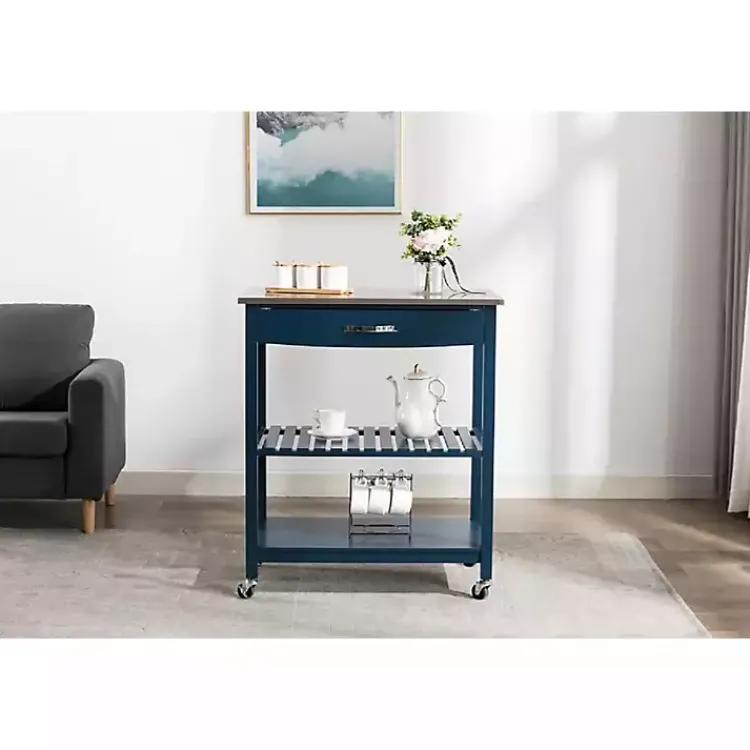 Kirklands Home Navy Wood and Stainless Steel Top Kitchen Cart Blue Online