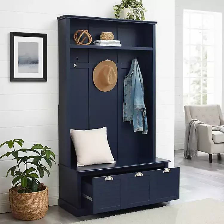 Kirklands Home Navy Wood Storage Bench Hall Tree Blue Discount