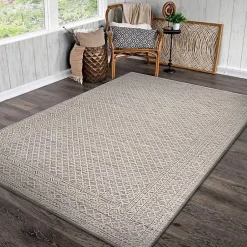 Kirklands Home Neutral Bordered Lattice Outdoor Area Rug, 5x7 Gray New