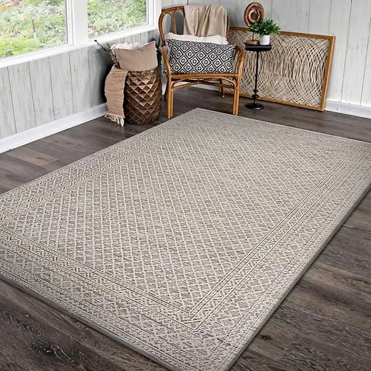 Kirklands Home Neutral Bordered Lattice Outdoor Area Rug, 5x7 Gray New