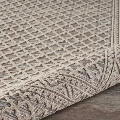 Kirklands Home Neutral Bordered Lattice Outdoor Area Rug, 5x7 Gray New