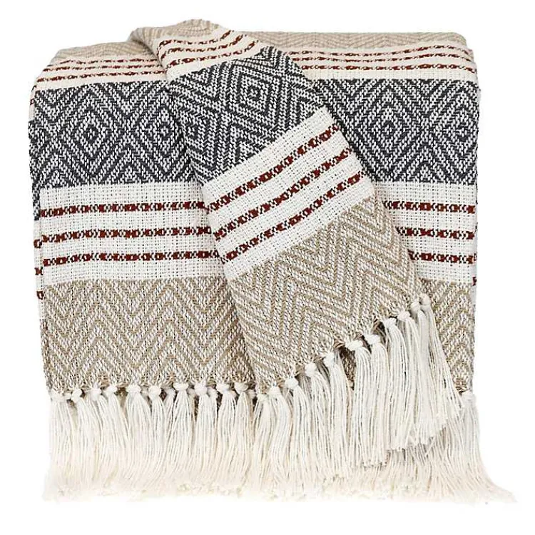 Blankets & Throws>Kirklands Home Neutral Herringbone Multi Striped Throw Tan