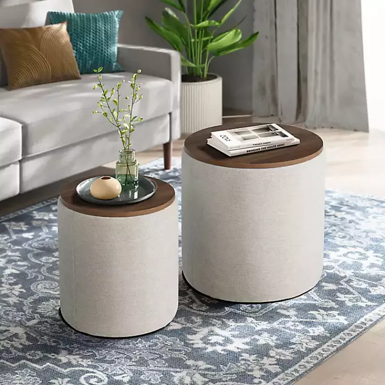 Kirklands Home Neutral Upholstered Nesting Ottomans, Set of 2 Ivory New