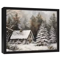 Christmas Art & Wall Decor>Kirklands Home Neutral Winter Log Cabin Framed Canvas Art Print
