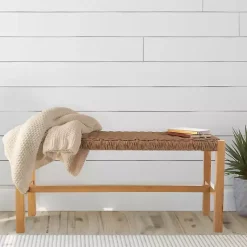 Kirklands Home Newport Natural Wood and Rattan Bench Brown
