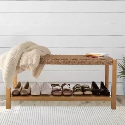 Kirklands Home Newport Natural Wood and Rattan Bench with Shelf Brown Online