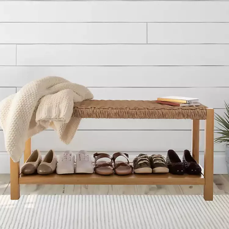 Kirklands Home Newport Natural Wood and Rattan Bench with Shelf Brown Online