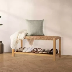 Kirklands Home Newport Natural Wood and Rattan Bench with Shelf Brown Online